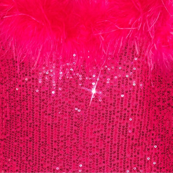 Size Large Hot & Delicious Pink Feather Embellished Bright Sequin Mini Dress - Picture 4 of 6